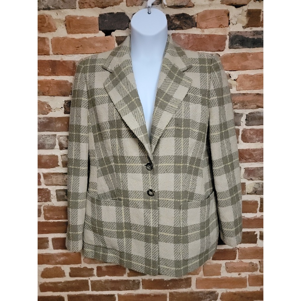 Louis Feraud Wool Blazer Jacket Women 14‎ Tan Plaid Lined Single Breasted